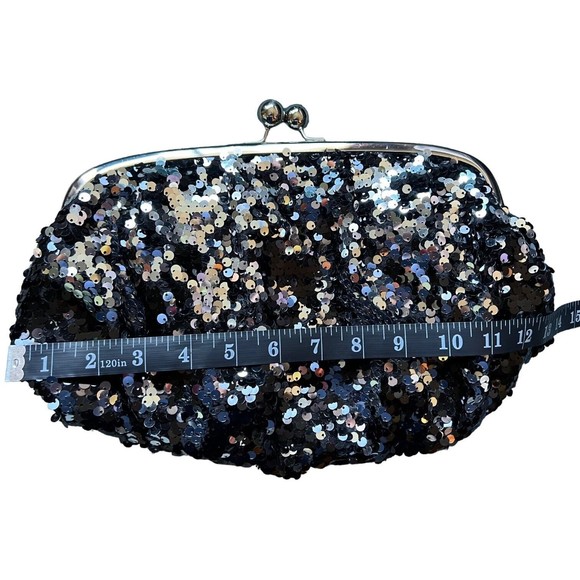 Mossimo Black Sequin Kiss Lock Clutch 13" W x 9" H Scrunchy Glitter Purse - Picture 7 of 12